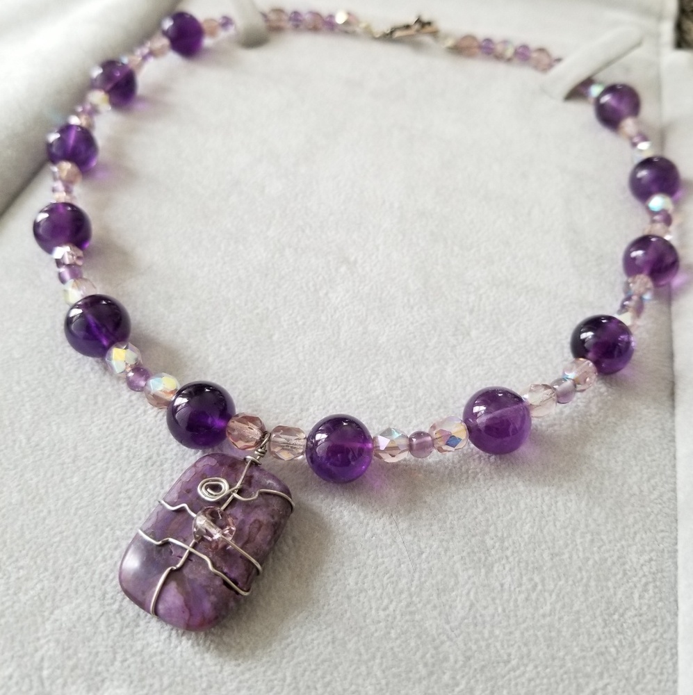 Handmade Wire Wrapped Purple Stone Beaded Necklace